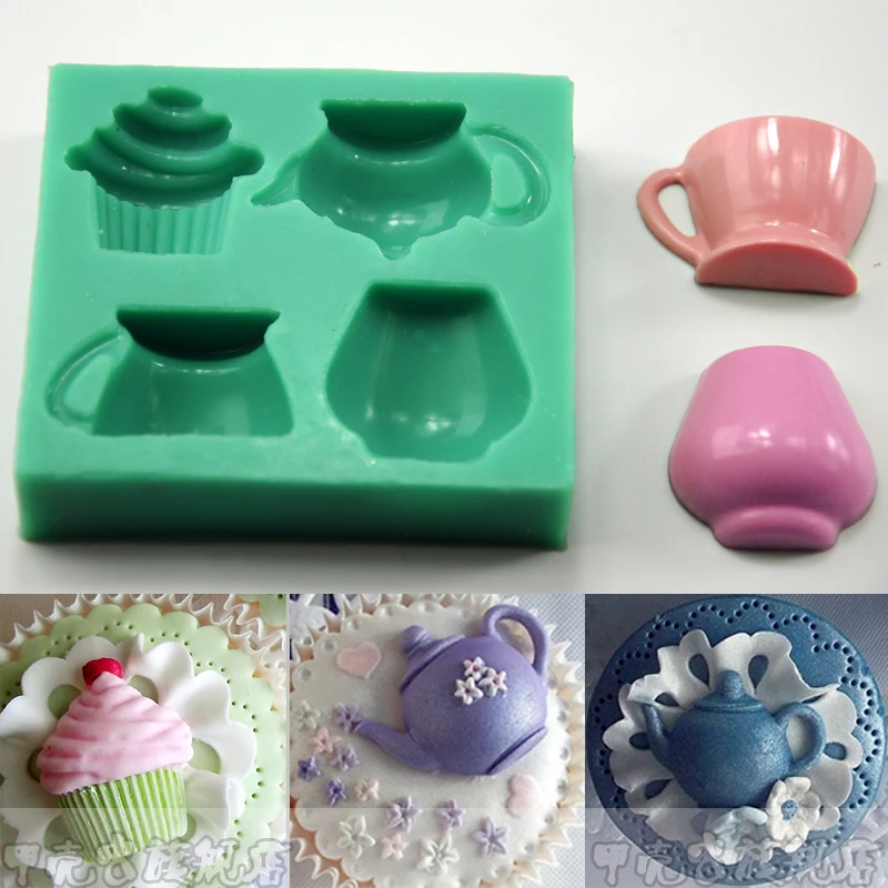 1pcs Teapot teacup Ice cream silicone soap mould party decor cupcake topper fondant embossed