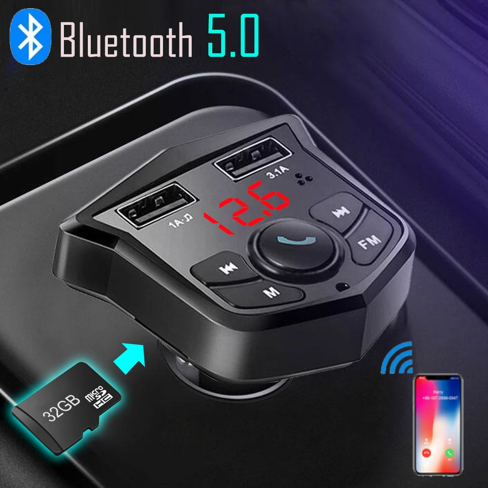 

Bluetooth 5.0 FM Moudlator Handsfree Call Kit Car MP3 Player Dual USB Charger Support TF U Disk Music Play