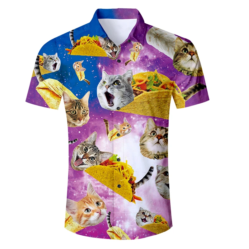 Мужская рубашка европейского размера с забавным принтом Галактики, кошки, котенка, 3d принтом, гавайская рубашка, мужская приталенная рубашка с коротким рукавом, летняя одежда