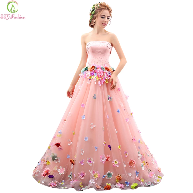 2017 New SSYFashion Princess Sweet Flower Long Party Prom Dresses Strapless A line Beautiful Evening Gown