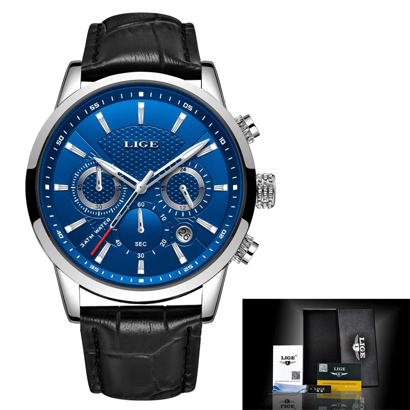 Reloje LIGE мужские часы, мужские кожаные автоматические кварцевые часы с датой, мужские роскошные брендовые водонепроницаемые спортивные часы, мужские часы - Цвет: silver blue  L