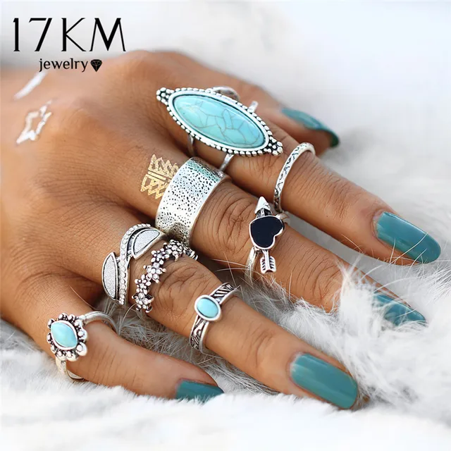 17KM Vintage Big Stone Midi Ring Set For Women Boho Antique Silver Color Heart F 17KM Vintage Big Stone Midi Ring Set For Women Boho Antique Silver Color Heart F