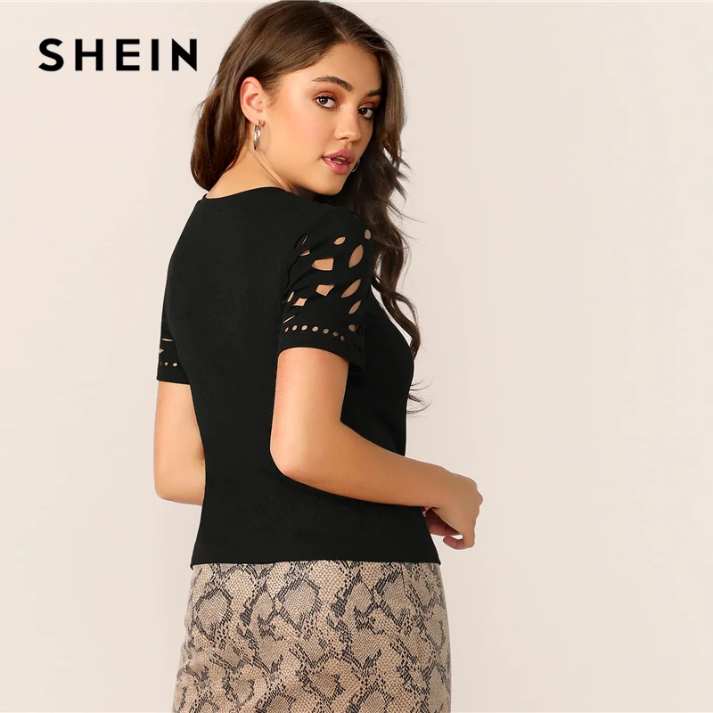 SHEIN Элегантная черная облегающая футболка с лазерным вырезом, однотонная женская летняя футболка с круглым вырезом, открытая Офисная Женская футболка для спецодежды, топы