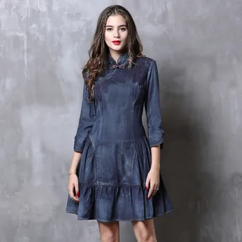 

NSYORE Women's Denim Dresses 2019 New Autumn Casual Buckle Improved Cheongsam Vintage Ruffled Denim Dress Vestidos NS1142