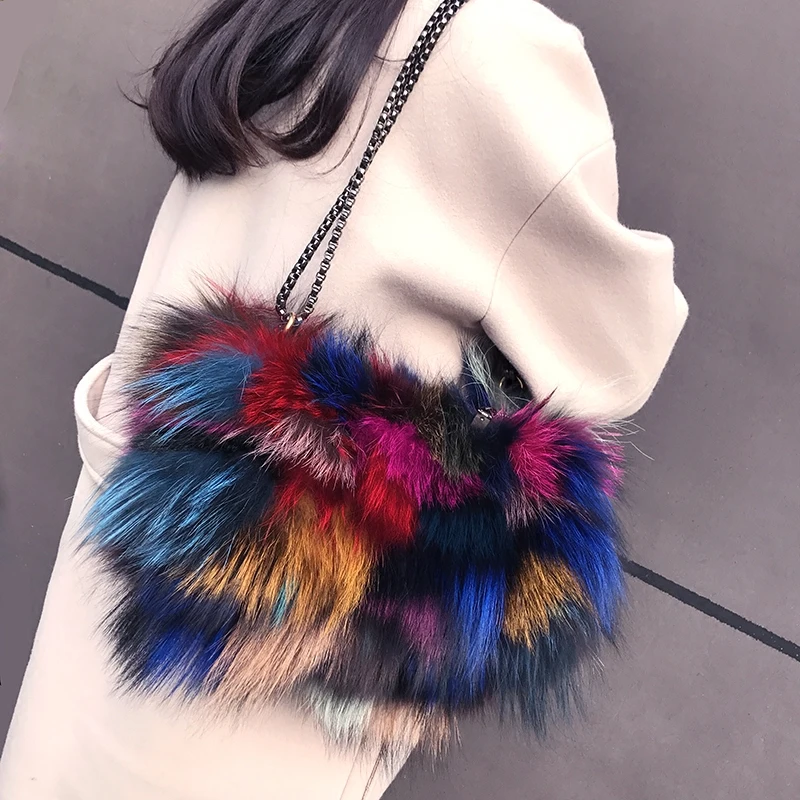 

2019 Luxury Europe and America Women Real Fox Fur Bag Colorful Fox Fur Chain Shoulder Bag Ladies Tote Handbag Crossbody Bags 247