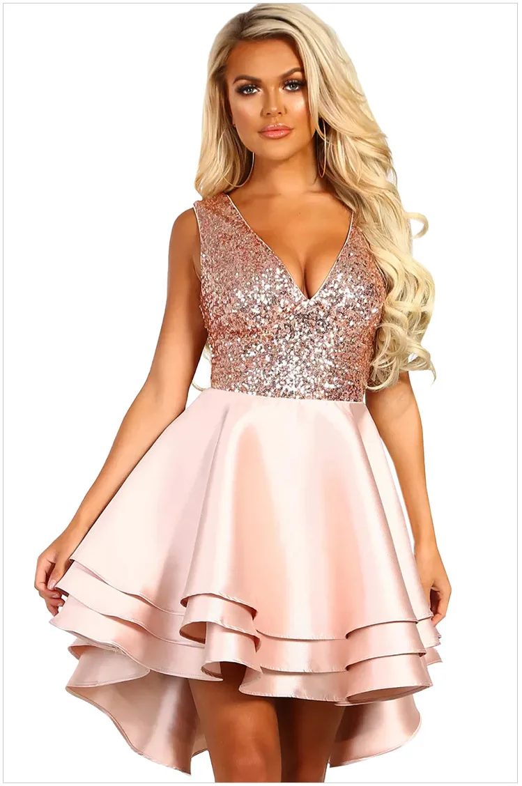 

2019 Summer New Arrival Front Short Back Long Bodycon Backless Dress V Neck Sexy Dress Sequins Irregular Layers Free Shipping