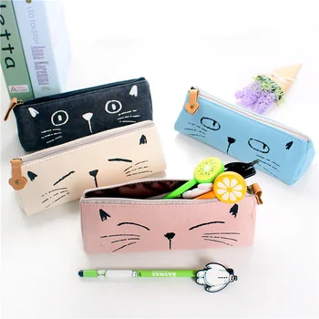 F23 Kawaii Cute Cat Canvas Square Pen Bag Pencil Holder Storage School Supply Stationery Cosmetic Case Makeup Storage Phone Bag