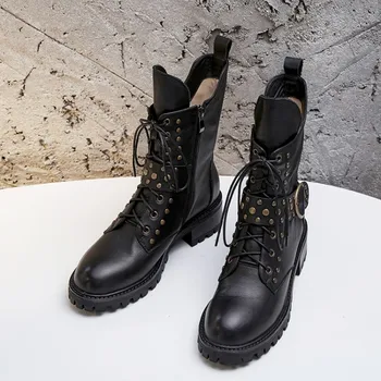 

GPOKHDS 2020 women ankle boots cow leather zippers rivets winter short plush high heels female riding boots party dress