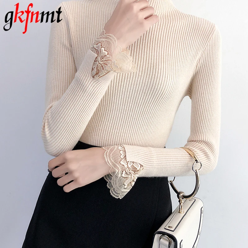 

High Elastic Knitted Sweater Women 2018 Autumn Winter Lace Patchwork Long Sleeve Women Sweaters And Pullovers Female Pull Femme