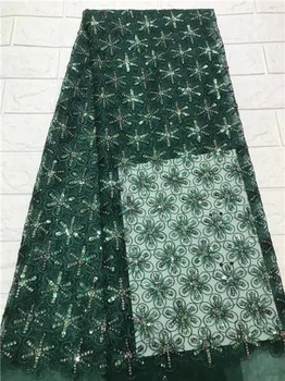 

Dark Green Newest Arrival African Guipure Tulle Lace Fabric 2019 French Embroidery Sequins Lace Fabric For Wedding Dress C12