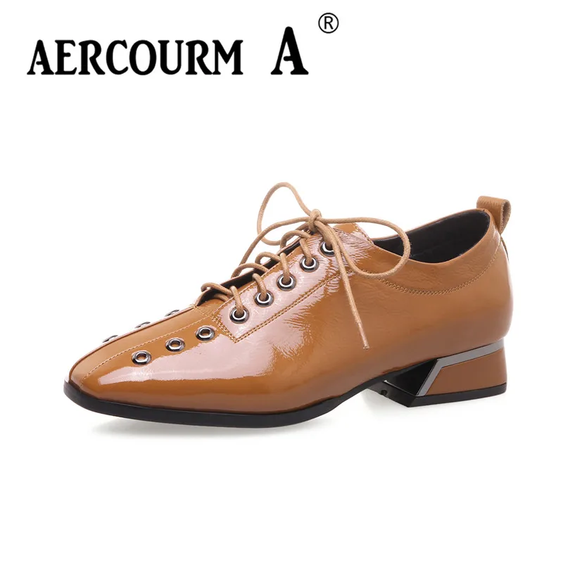 

Aercourm A 2018 Woman New Shoes Spring Pumps Low Heels 3 CM Shoes Square Toe Brand Genuine Leather Shoes Metal Button LZ6025