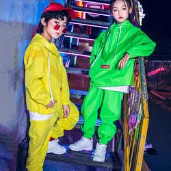 Новая одежда в стиле хип-хоп для детей, костюм неонового зеленого цвета для мальчиков и девочек, костюм с длинными рукавами для уличного