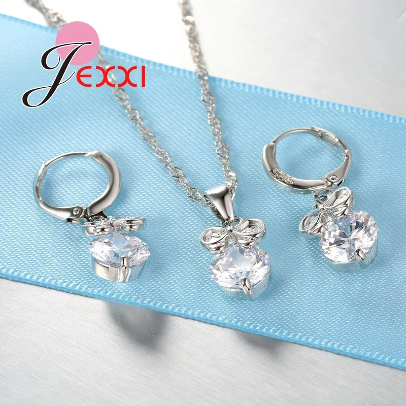 Trendy Mode 925 Sterling Silber Braut Hochzeit Zubehör Schmuck Set Kristall Drop Bowknot Anhänger Halskette Ohrringe