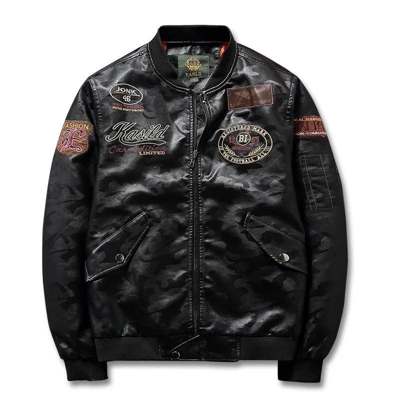 Fashion Mens Leather Bomber Jacket Patches PU Flight Pilot Jackets And