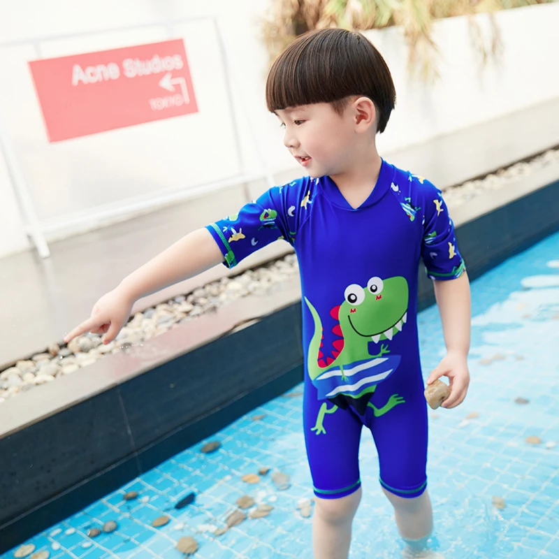 

New Models 1-8 Y old Boys Rash Guards one piece Swimwear Dinosaur print children Swimming bathing suit swim wear cap rashguard