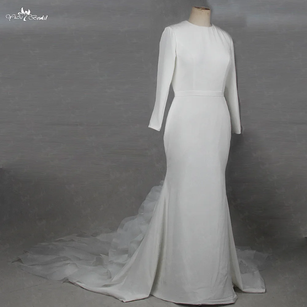 RSW941 Yiaibridal реальной работы фото с круглым декольте платье из органзы с юбкой-годе, Исламская платье с русалочкой длинный рукав, мусульманский свадебное платье