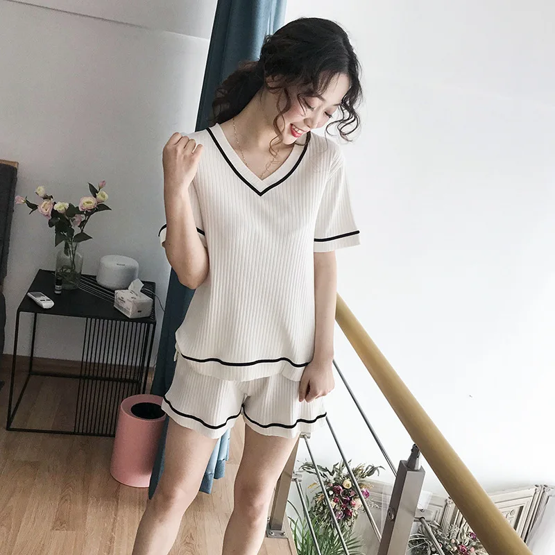 

New Korean 2019 Summer Short Sleeve Pullover Pajamas Set Solid Vertical Bar V-Neck Pijama Mujer Shorts Pyjamas 2-piece Sleepwear