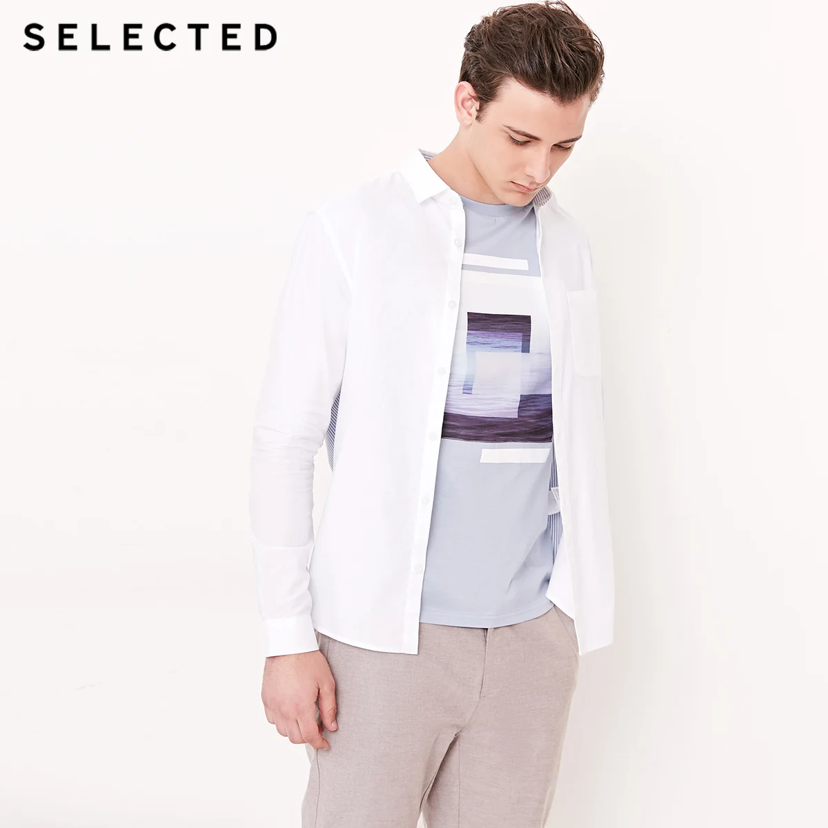 Отборные мужские 100% хлопок Slim Fit полосой сращивания Повседневная рубашка S |