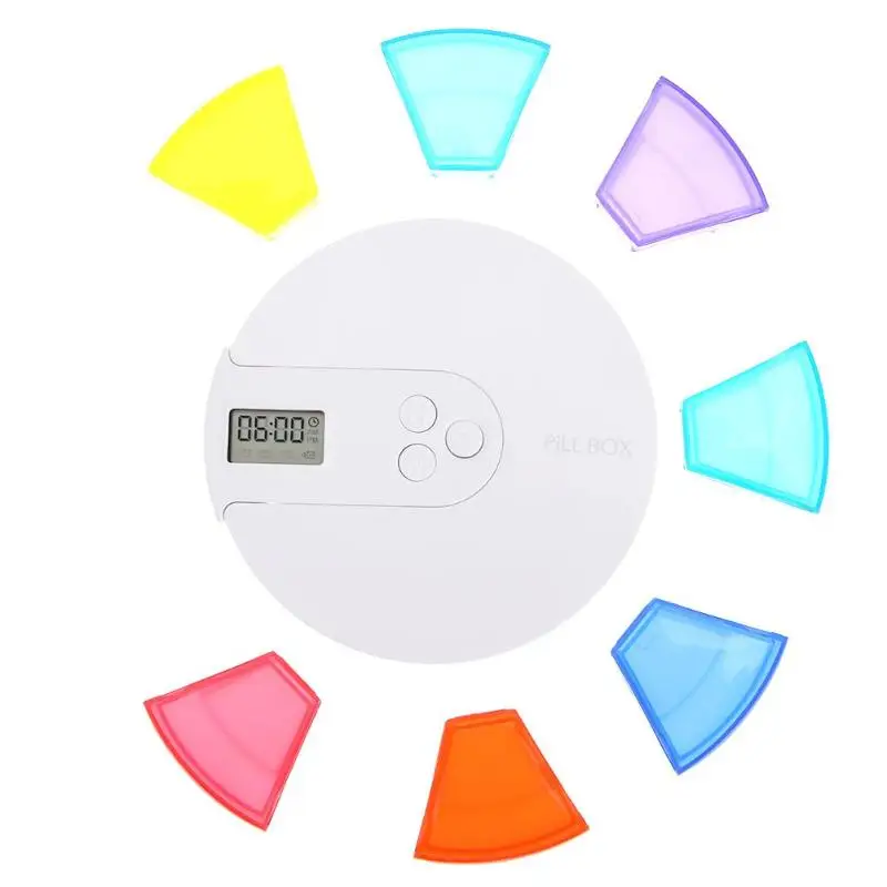 

High Quality Colorful Round 7 Grids Pill Box Case with LED Smart Timer Snooze Alarm Function Portable Box Case