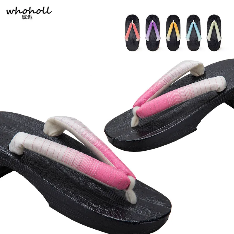 

WHOHOLL Geta Kimono Slippers Women Japanese Style Black Wooden Clogs Flat Platform Flip-flops Small Size 33 34 Cosplay Costumes