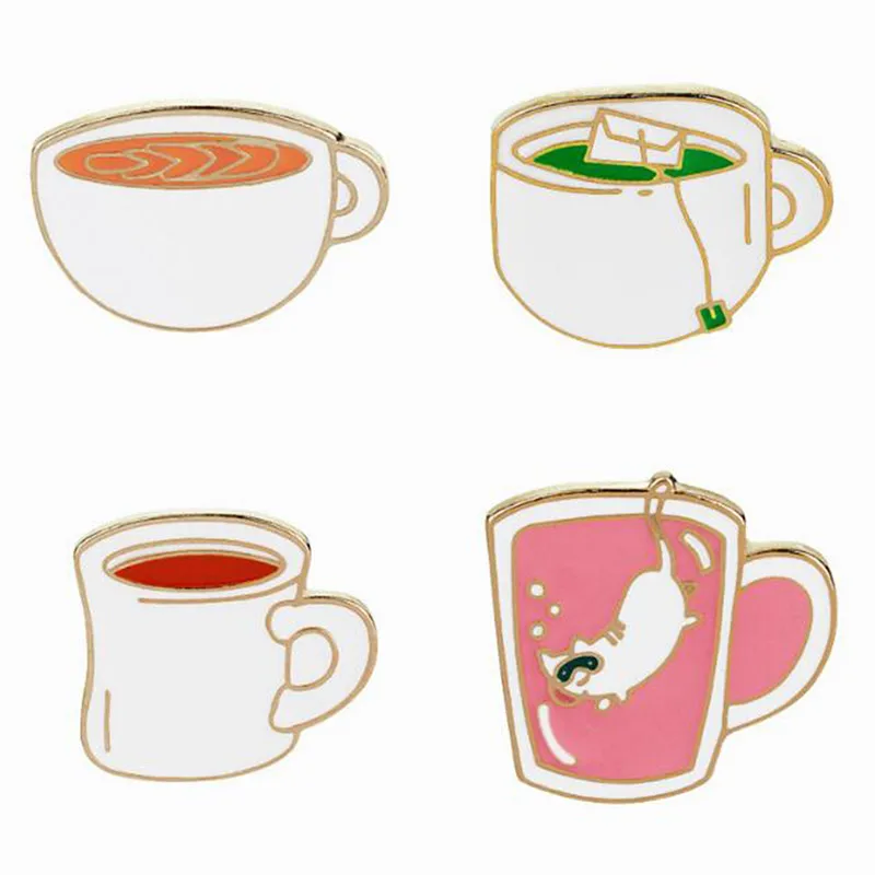 

Cute Enamel Cartoon Cat Coffee Cup Metal Badges Pins Button Badg Coat Bag Clothes Jeans Fashion Jewelry Accessories