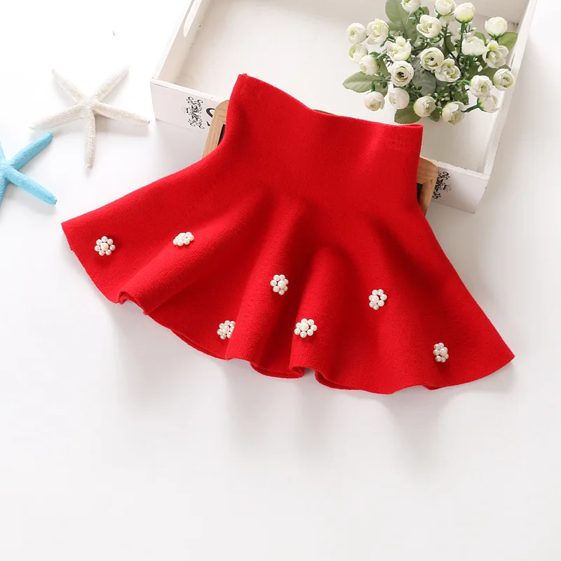 TONGMAO/новая осенне-зимняя детская одежда модная Повседневная вязаная юбка для девочек приталенные юбки-пачки принцессы с жемчужинами для диких детей - Цвет: 04 Red