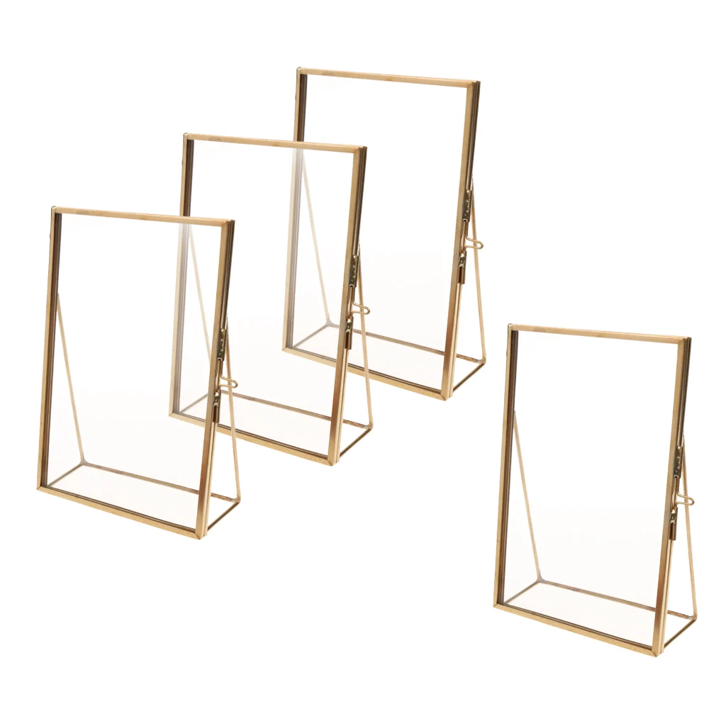 

4PC Glass Photo Picture Frame Portrait Home Decor Freestanding Displaying Pressed Flower Plant Leaves - Gold