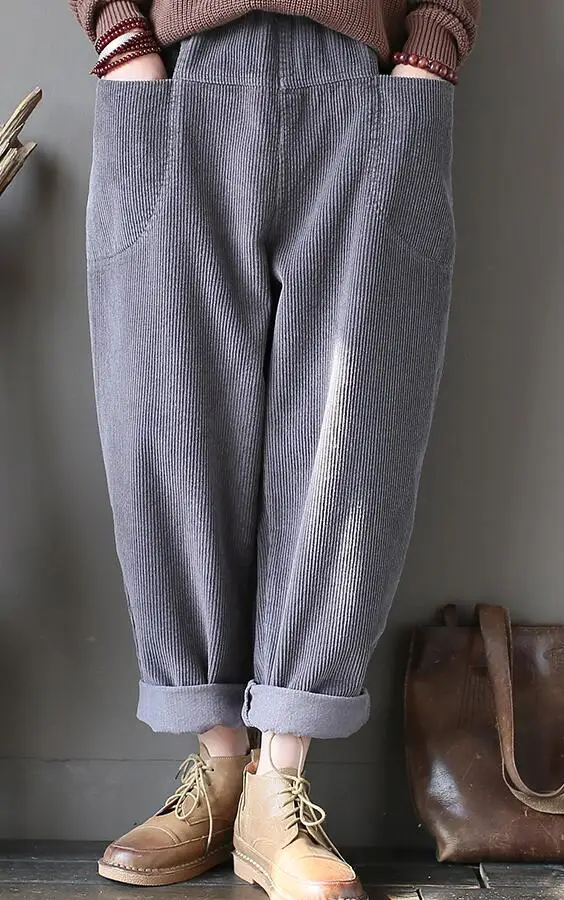 NINI WONDERLAND, весенние женские хлопковые вельветовые свободные брюки с эластичной талией, Женские повседневные шаровары, осенние брюки-слаксы, Репка - Цвет: gray