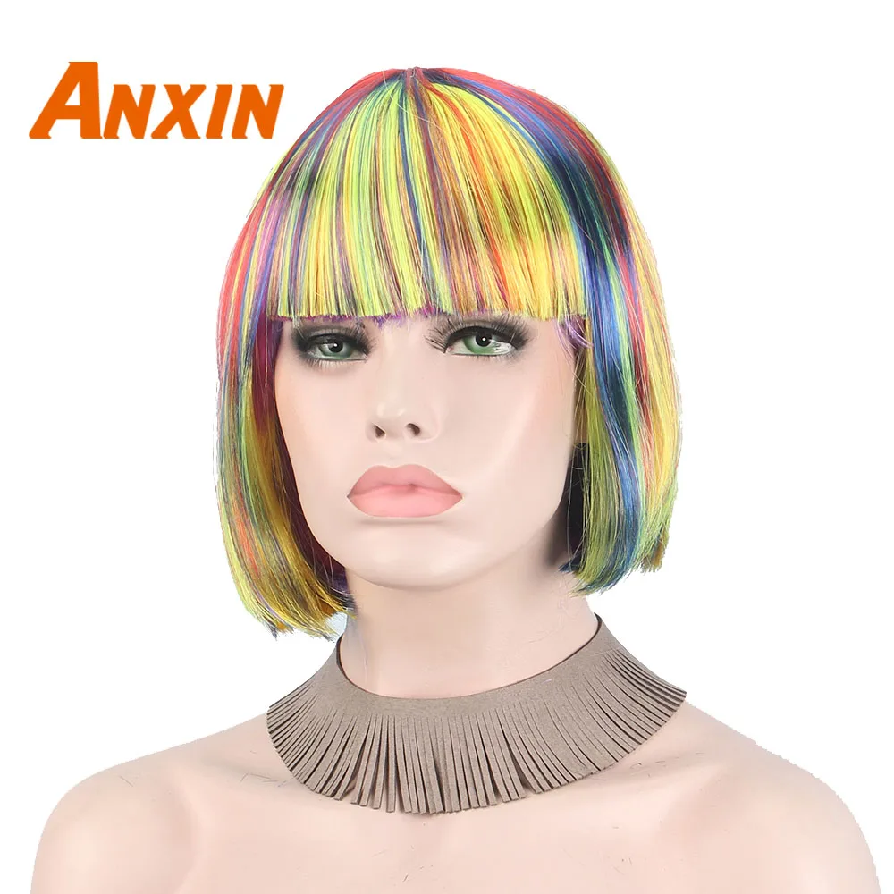 Anxin Short Bog Wig with Bangs Multicolor Holiday Colorful Halloween Costumes Thanksgiving