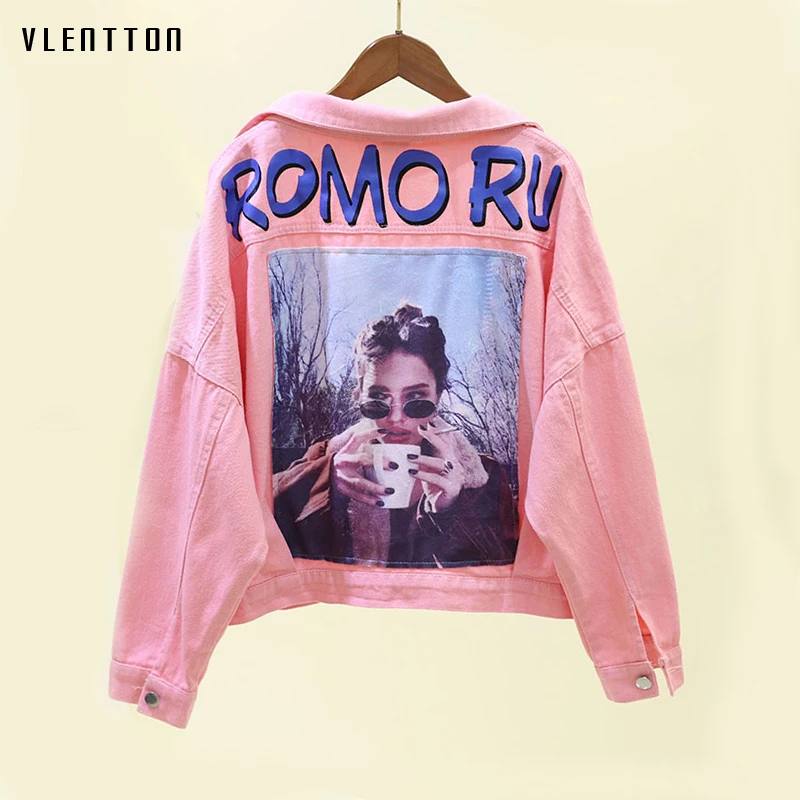 

2019 Spring Pink Women's Denim Jacket Coat Bat sleeve Print Jacket For Woman Casual Loose Jean Jacket Outerwear Casaco Feminino