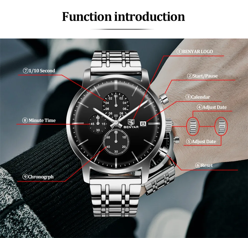 BENYAR новые мужские часы лучший бренд класса люкс кварцевые часы с хронографом мужские военные наручные часы из нержавеющей стали Relogio Masculino+ коробка