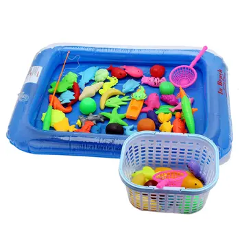 50pcs/Set New Fish Pond Game Magnetic Fishing Pole Rod 3D Fish Model Baby Bath Toys Outdoor Fun Kids Toy + Pool + Small Inflator