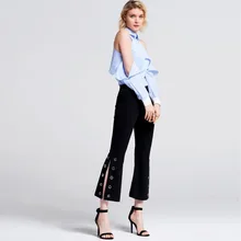 

2018 new women's fashion solid color casual pants hole nine pants