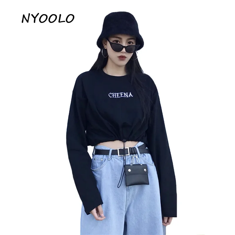 

NYOOLO Casual streetwear short crop top Letters embroidery tee shirt drawstring high waist long sleeve T-shirt women clothing