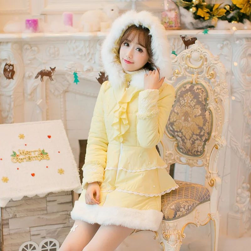 Princess sweet lolita white dress Candy rain Japanese design Long sleeve Cotton long slim girls Hooded