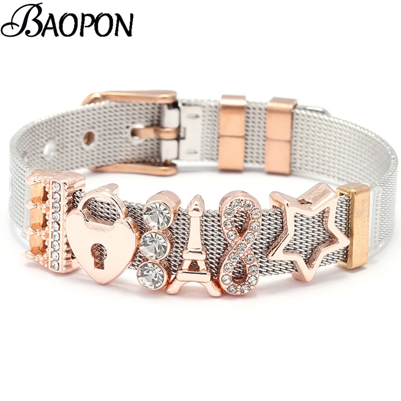 

High Quality Rose Gold Color Stainless Steel Mesh Bracelet Love Lock Charms Fine Bracelet European Woman Watch Accessories