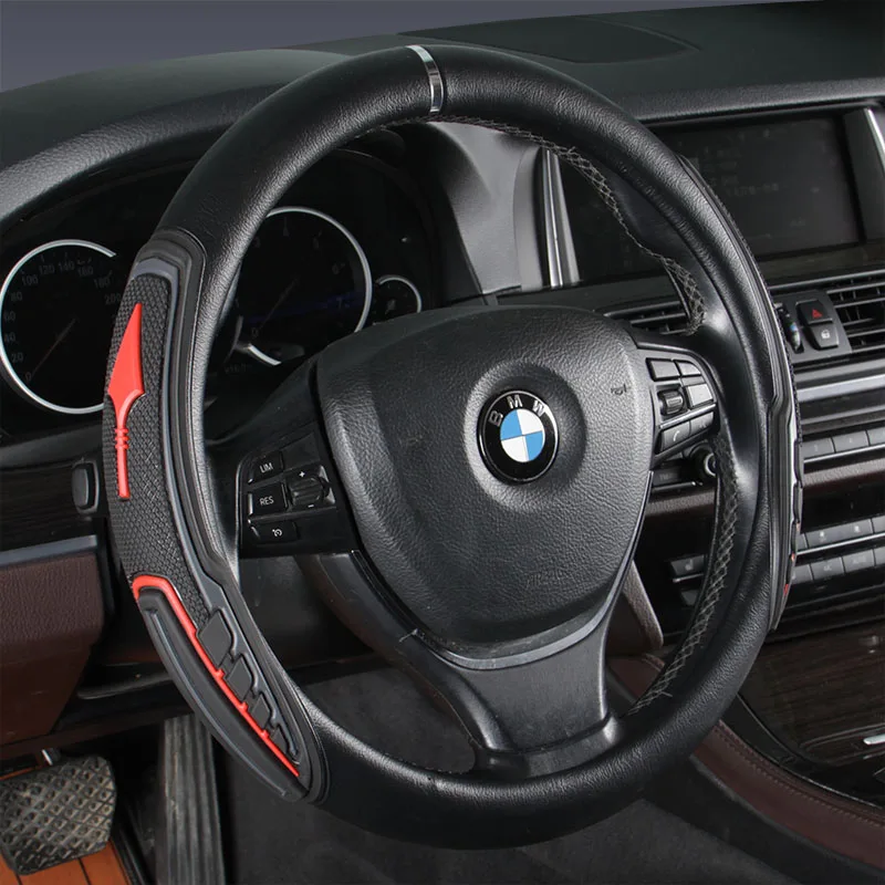 

KKYSYELVA Black Car Sport Steering Wheel Cover Leather Auto Steering Covers Universal 38CM wheel covers Car Inter Accessories