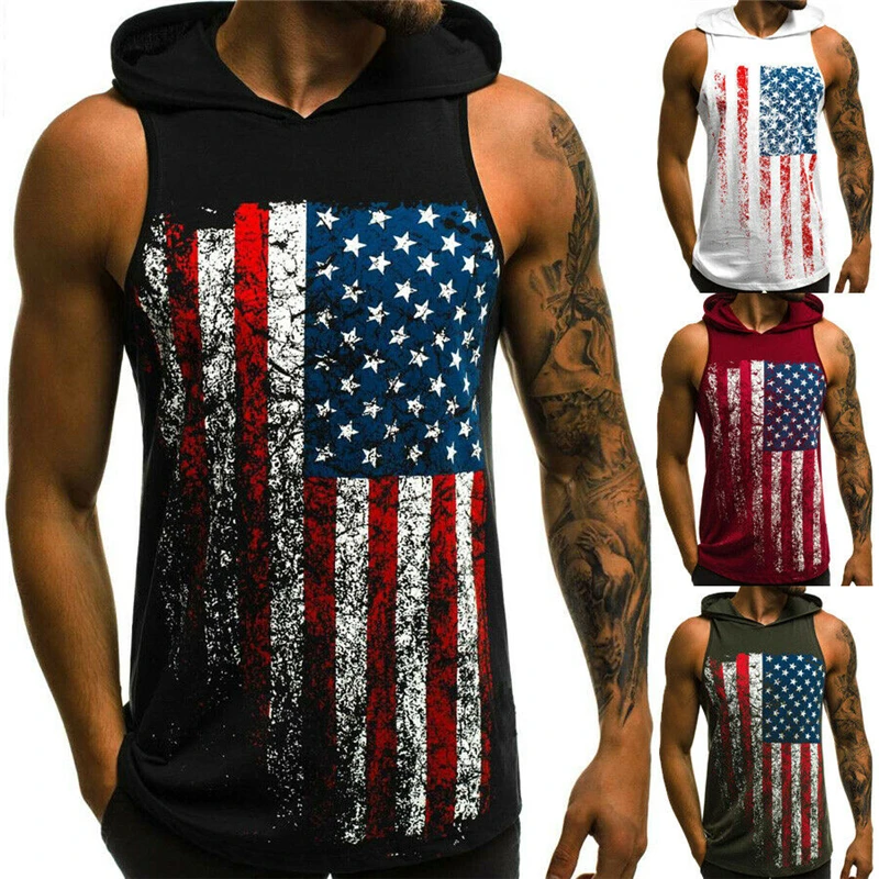 

New Men Hooded Vest Summer Sweatshirts Flag Print Sleeveless Hoodies Tops Men Male Gym Muscle Fit Slim Bodybuilding Sweatshirts