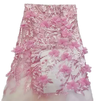 

Stylish Nigerian Peach 3D Flowers fabric Good quality lace fabric African 3D Flowers lace fabric with beads and stone HJ778-2
