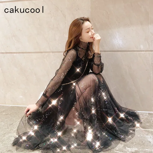

Cakucool New Mesh Lace Long Sleeve Dress Stand Collar Sequins Shiny Two Pieces Vestido Chic Korean Elegant Spring Dress 4colors