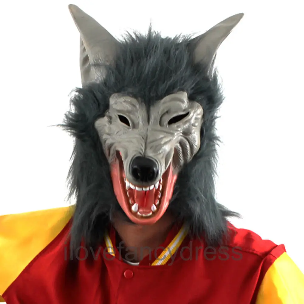 Grey Latex Warewolf Wolf Over Head Mask Hair Mens Adults Fancy Dress Accessory