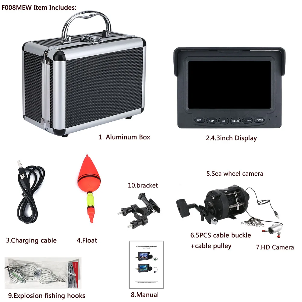 4,3 дюймовый цветной монитор, комплект для подводной рыбалки, видео камера, 8 шт., ИК-светодиодный фонарь со взрывными рыболовными крючками