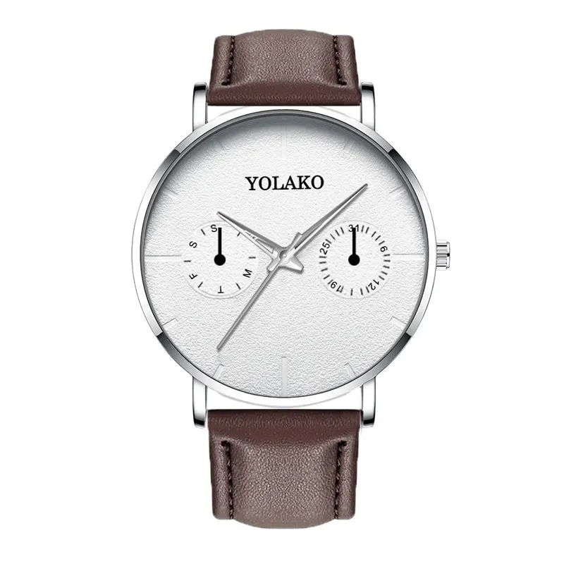 Casual Leather New Watch Blue Pointer Belt Quartz Fashion Mens Watch Yolako Male WriststWatch Clock Relogio Masculino - Color: BrownSilver