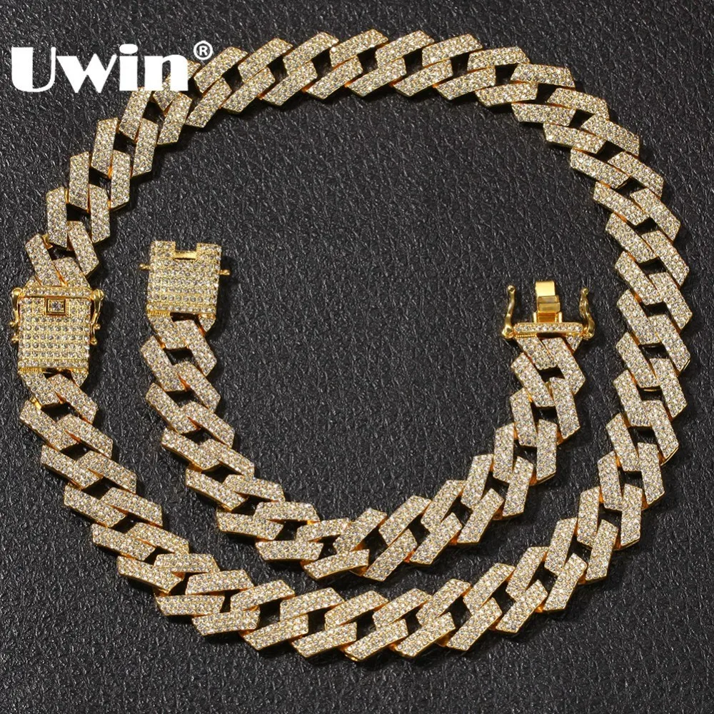 Billige UWIN NE + BA 20mm Miami Prong Kubanischen Kette 3 Reihe Gold Farbe Voll Iced Out Strass Halskette armband Herren Hiphop Schmuck Set