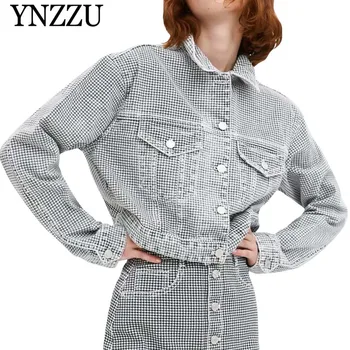 

YNZZU 2019 New arrival Autumn houndstooth turn-down Collar jacket Loose causal women denim coat Long sleeve chic jacket YO800