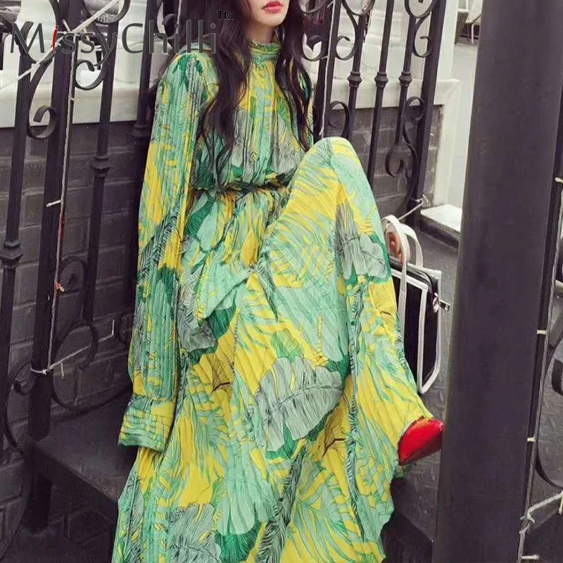 

MissyChilli Pleated print long sleeve maxi dress Women loose boho holiday beach long dress Summer sexy elegant dress vestido