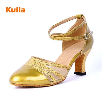 

PU+Mesh Women Dancing Performance Shoes Closed Toe Adult Ladies Latin Modern Ballroom Jazz Dance Shoes High Heels 6cm Gold Black
