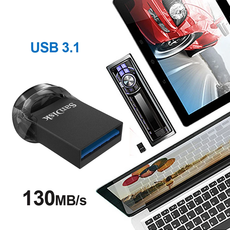 Двойной Флеш-накопитель SanDisk Ultra Fit USB флэш-накопитель USB 3,1 CZ430 64 Гб 128 ГБ 256 ГБ мини USB3.1 флеш-накопитель до 130 МБ/с. высокое Скорость USB флешки 16 Гб оперативной памяти, 32 Гб встроенной памяти