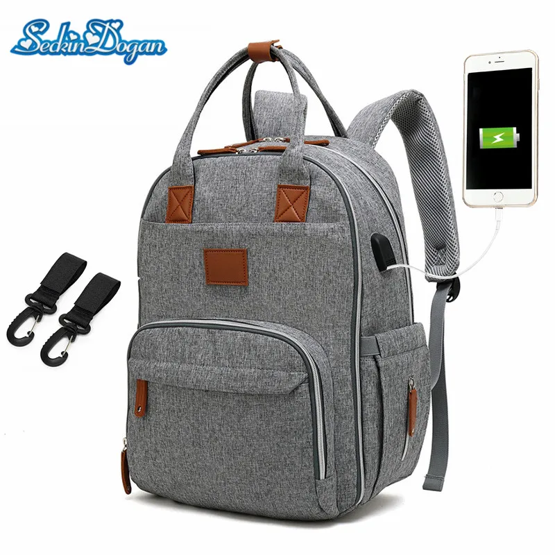

SeckinDogan Baby Diaper Bag USB Charging Large Capacity Mummy Backpack Multifunction Travel Baby Nappy Bag Waterproof Backpack