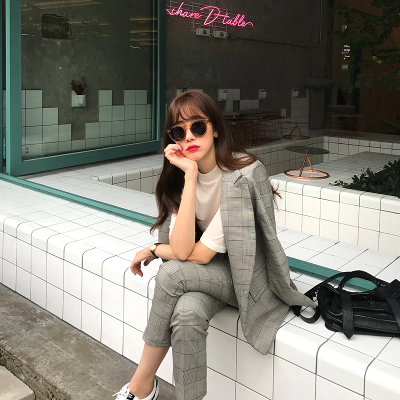 

Blazer Jacket 2 Piece Set Long Pants Suits Office Uniform Designs Women Autumn Patchwork Double Breasted Female Business Suit